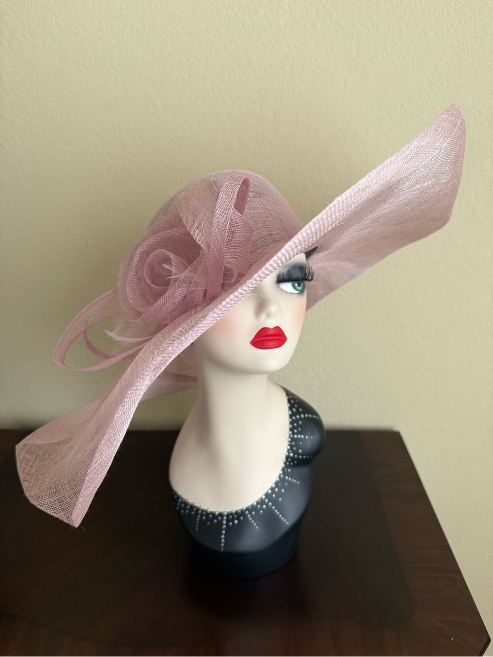 Scala Pale Pink Wide-Brim Sinamay Hat with Rosette